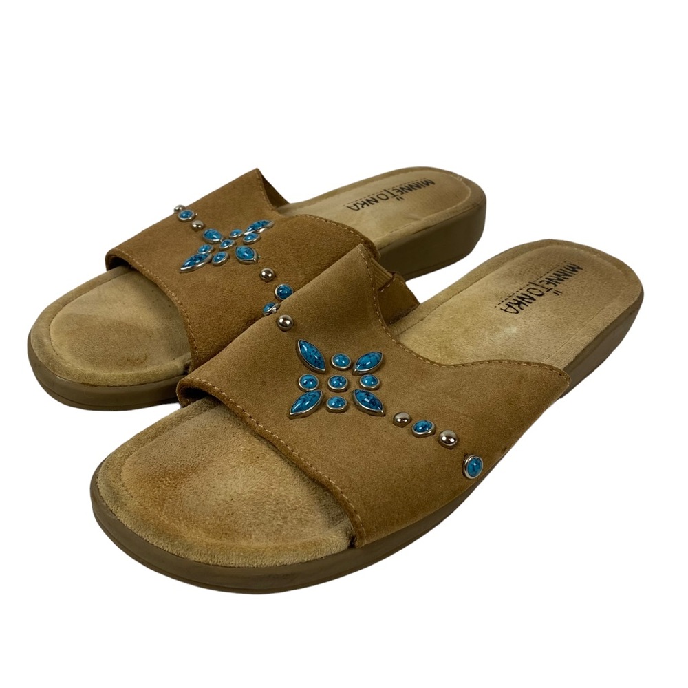 Minnetonka Tan Brown Suede Leather Slides Sandals Turquoise size 8